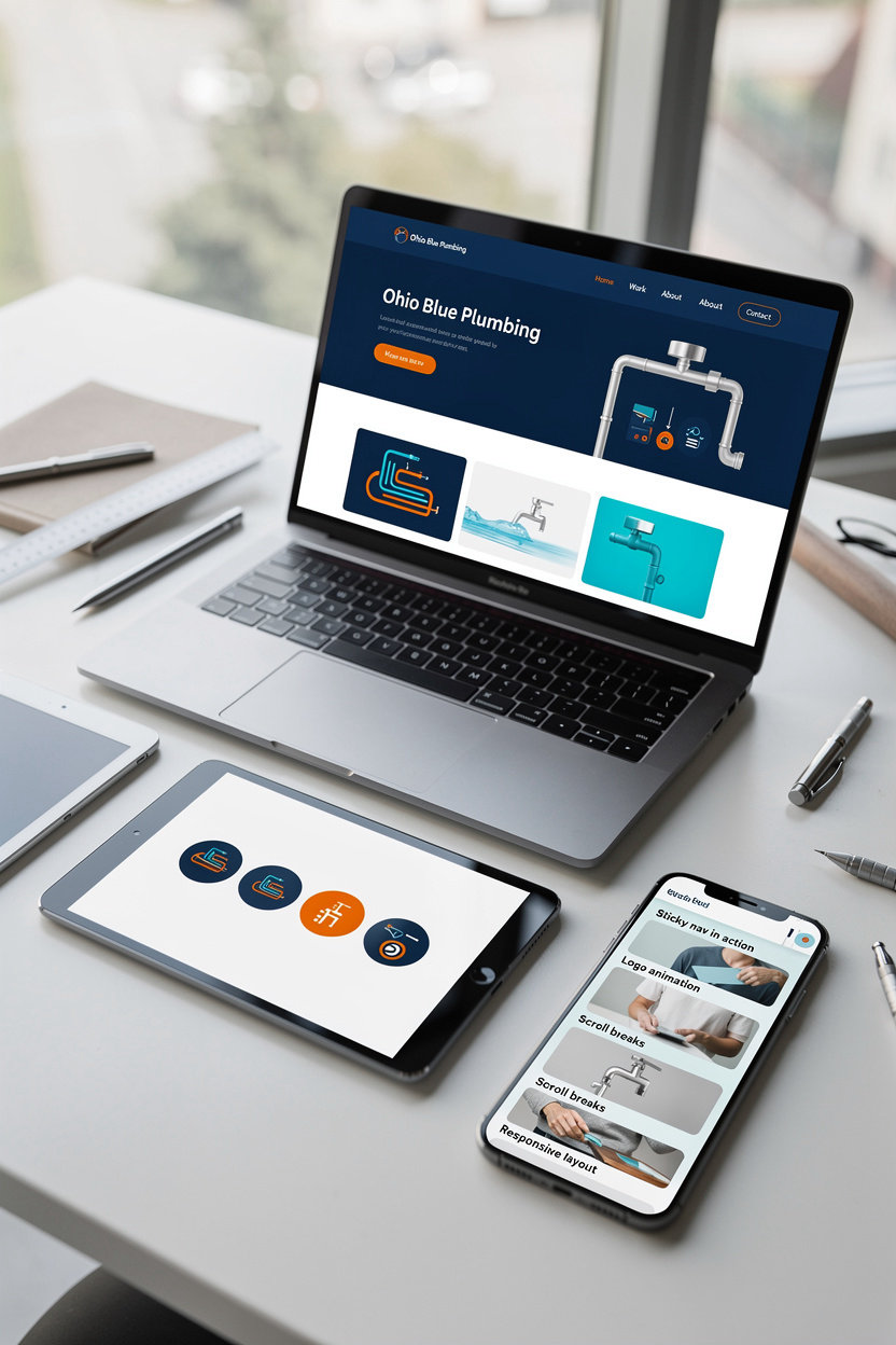 Ohio Blue Plumbing website design showcase - modern responsive web interface with sticky navigation and animated elements